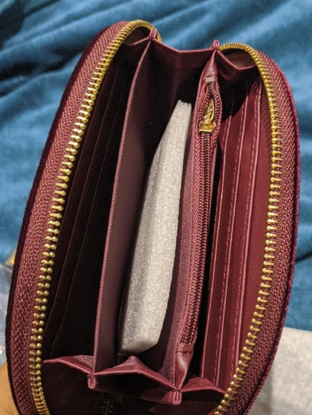 Joan Vass Wine Velvet Wristlet with Gold Emblem